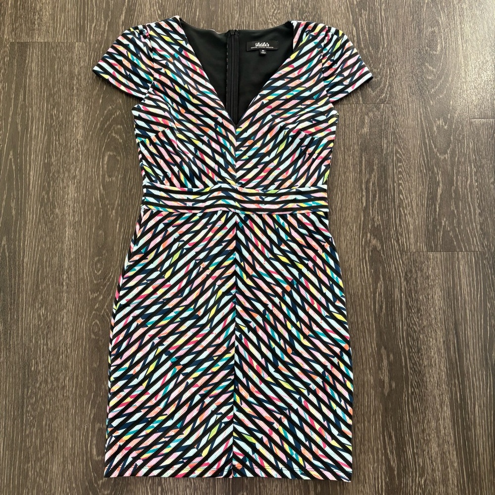 Lulu's Geometric Multicolor Ribbon Midi V-Neck Dress